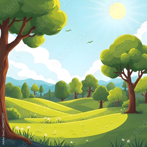 summer landscape green grass blue sky, sunny summer meadow landscape, green field under blue sky, summer nature background illustration, fresh green grass scenery, peaceful summer countryside view, op