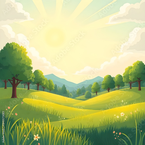 summer landscape green grass blue sky, sunny summer meadow landscape, green field under blue sky, summer nature background illustration, fresh green grass scenery, peaceful summer countryside view, op
