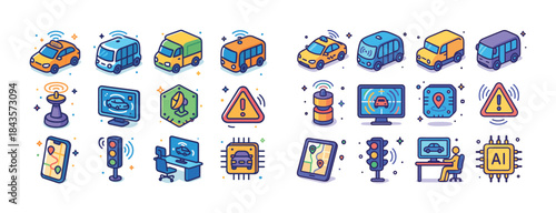 Autonomous vehicle icons: cars, computers, maps, ai technology,
