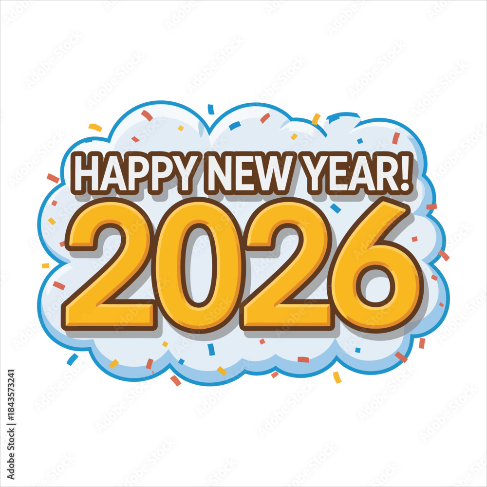 Fototapeta premium Celebrate new year 2026 with white cloud and colorful confetti on white background