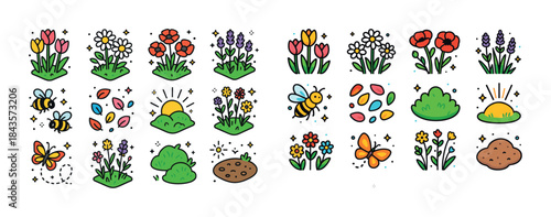 Colorful spring garden elements with flowers, butterflies, bees,