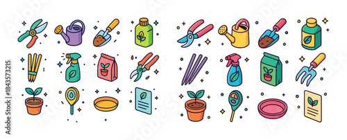 Colorful gardening tools and supplies icons set with plants and
