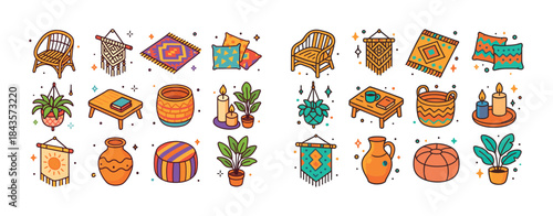 Colorful bohemian decor: rugs, pillows, plants, and furniture co