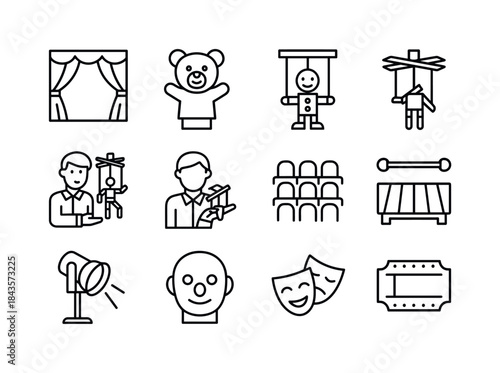 Puppet Theater Icon Set. Puppet Theater. Line icon set of Puppet