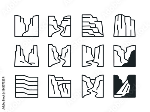 Canyon Icon Set. Canyons. Line icon set of Canyons: deep valley,