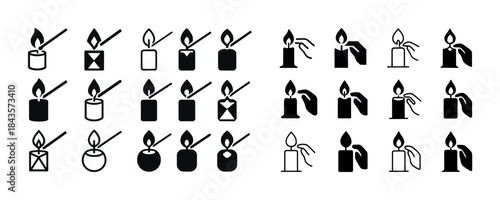 Various candle icons and hand-lighting motifs in black and white