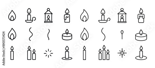 Variety of candle and flame icons in minimalist line art style