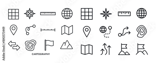 Collection of minimalist map and navigation icons in black and w