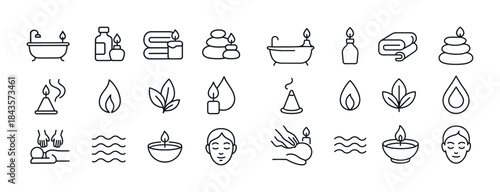 Minimalist spa icons: bathtub, candles, towels, leaves, essentia