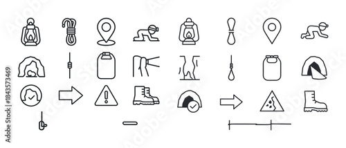 Caving icons set: safety equipment, navigation symbols, cave exp