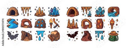 Colorful cave exploration icons featuring crystals, bats, and ca