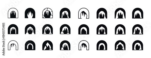 Set of 24 cave icons in various styles and shapes