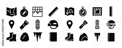 Collection of camping and hiking icons - map, compass, boots, he