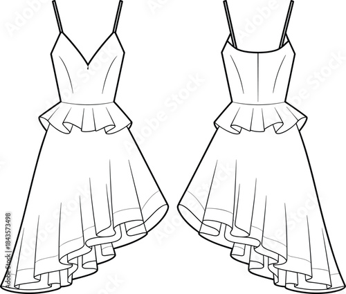 Asymmetrical ruffle dress front back view, peplum strap detail, cad drawing flat vector