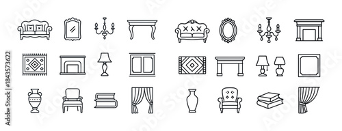 Line art furniture icons: sofa, mirror, chandelier, fireplace, b