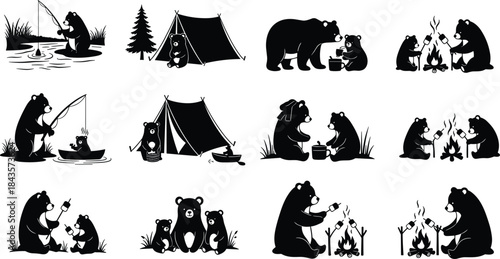 Camping bears, outdoor activities, fishing, marshmallows, boating, tents, family fun, nature, flat vector