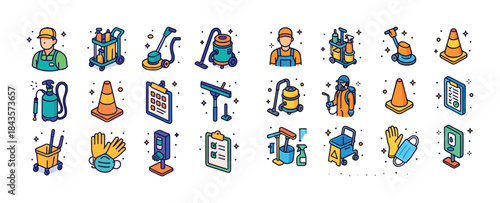 Colorful icon set of cleaning equipment and safety symbols for m