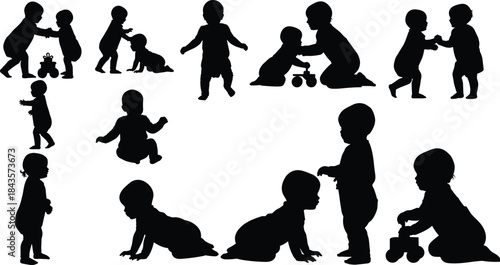 Children silhouettes, toddler activities, crawling, sitting, playing, toys, interaction, development, flat vector