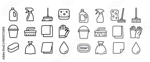 Black icons of cleaning supplies and tools for household chores