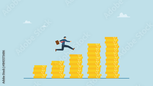 Businessman investor jumping on stack of growth compound money coins. Compound interest, money growth investment, prosperity or earning and profitability stock.