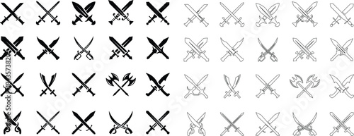Black sword icon set in flat and line style, crossed blade weapon silhouette featuring medieval combat symbols and fantasy warfare graphic minimal monochrome arms vector pack with synonym elements
