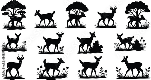 deer, silhouette, antlers, fawn, forest, nature, wildlife, grazing, tree, bush, flat vector