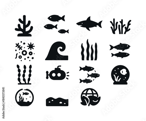 Black Ocean Icons. Ocean ecosystem. Solid icon set of Ocean ecos