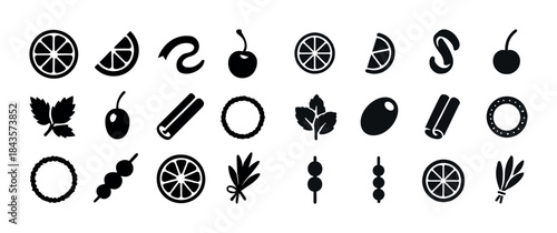 Collection of fruit and herb icons in black silhouette style