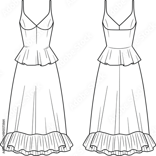 Fashion technical sketch, peplum dress, sweetheart neckline, gathered hem, CAD drawing, flat vector, 
