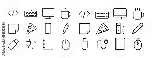 Minimalist line icons of everyday office and tech items in black