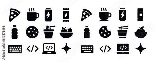 Food and tech icons: pizza, coffee, soda, snacks, noodles, codin