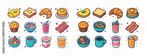 Colorful variety of breakfast foods including pastries, drinks,