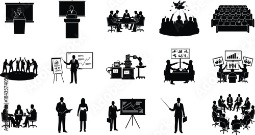 Flat vector, business silhouette icons, corporate meeting, data presentation, teamwork activity, brainstorm session, seminar audience, roundtable 