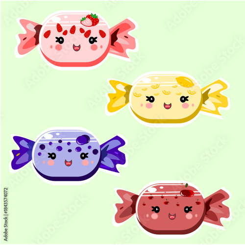 Set of Four Cute Kawaii Fruit Candy Characters Vector