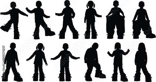 Flat vector, children silhouette icons, oversized clothes, big shoes, playful pose, standing child, expressive gesture, imaginative dress-up, growth 