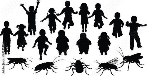 Flat vector, children silhouette icons, insect silhouettes, running pose, jumping child, squatting 