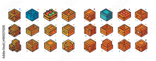 Isometric wooden and plastic crates with fruit illustrations