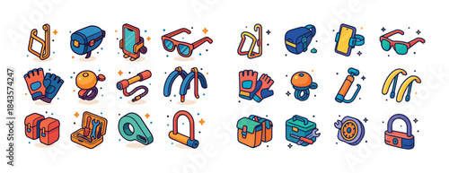 Colorful bicycle accessories collection with helmets, locks, and