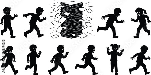 Flat vector, children silhouette icons, paper chaos, running pose, panic gesture, exaggerated expression, 