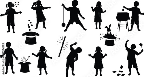 Flat vector, children silhouette poses, magic tricks, juggling act, rabbit hat, wand gesture, yo-yo play, card handling, ring trick, magician props, playful stance, 