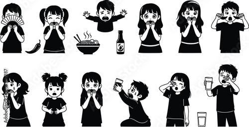 Flat vector, children silhouette icons, spicy food reaction, crying child, shocked expression, mouth 