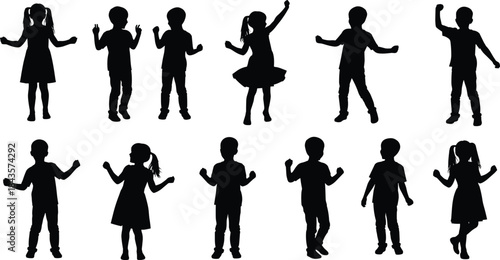 Flat vector, children silhouette poses, dancing kids, joyful movement, raised arms, celebration stance, playful posture, ponytail girl, skirt outfit, expressive gesture, black and white, dynamic pose