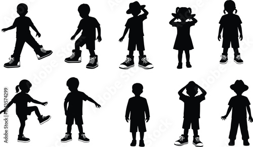 Flat vector, children silhouette icons, walking pose, standing gesture, playful posture, hat detail, ponytail 