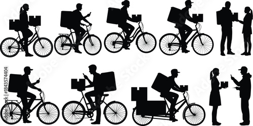 Flat vector, delivery worker icons, bicycle courier, package handoff, mobile logistics, urban service, customer interaction, box carrier, gig economy, black and white, eco transport, food delivery
