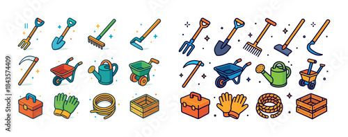 Colorful gardening tools: spade, rake, watering can, gloves, whe
