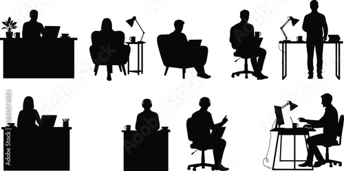 Flat vector, desk work silhouettes, remote office, laptop user, headset operator, seated posture, standing desk, coffee cup, lamp setup, plant decor, 