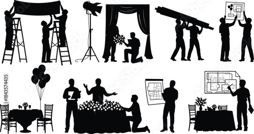 Flat vector, event planning silhouettes, setup crew, decoration team, lighting technician, floral arrangement, banner hanging, blueprint review, 