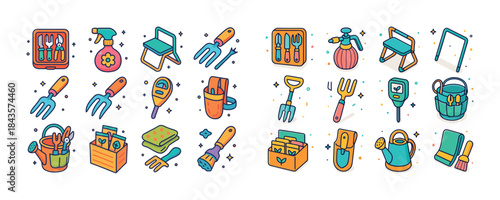 Colorful garden tools and accessories illustration with watering