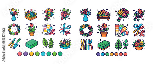 Colorful floral icon set with flowers and gardening tools