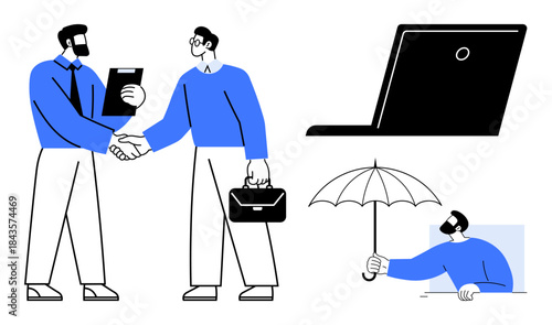 Business solutions, teamwork, online connections, negotiation, financial stability, security. Two figures shaking hands, a laptop person holding an umbrella. Business solutions and teamwork concept